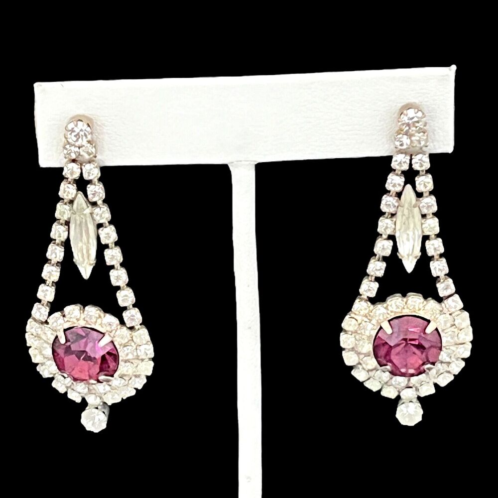Vintage 1980s Rhinestone Dangle Earrings Purple Crystal Navette Silver Tone - 8O
